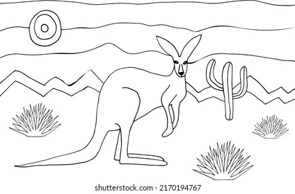 Kangaroo vector colorong page. Coloring page kangaroo in desert landscape