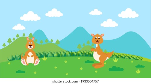 Kangaroo Vector Cute Animals in Cartoon Style, Wild Animal, Designs for Baby clothes. Hand Drawn Characters
