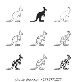 Kangaroo Vector Icons Set with Silhouette, Outline and Abstract Pattern Variations