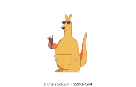 Kangaroo vector illustration. Flat character - cartoonish cute kangaroo - wearing sunglasses and holding cocktail. Isolated on white.