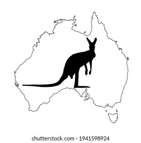 Kangaroo vector silhouette on Australian map vector silhouette contour illustration isolated on white background. Continent symbol. Animal from Australia silhouette.