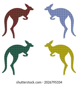 Kangaroo Vector Silhouette With Textile Texture. Kangaroo Vector Silhouettes With Plaid Pattern Isolated On White Background
