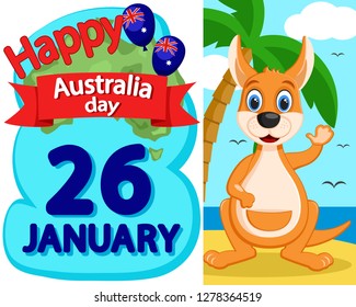 Kangaroo waving his paw against the beach with a palm tree. Australia day banner.