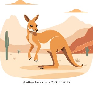 Känguru wildes australisches Tier in einer Wüste stehen. Australischer Safari-Zoo und Savanne. Vektorgrafik im flachen Stil