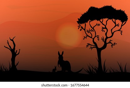 Kangaroos and cubs on the Australian plains. Acacia trees and dry tree. Wildlife Australia. Realistic vector landscape. Silhouettes of animals and plants. 