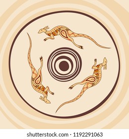 Kangaroos jumping around the sun. Aboriginal style. Vector abstract colorful illustration.