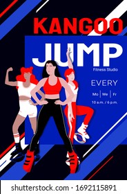 Kangoo jump high intensity interval training class advertisement poster template. Females in sport outfit