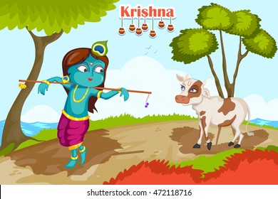 Kanha with Cow on Krishna Janmashtami background in vector