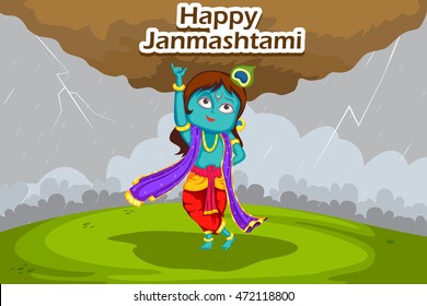 Kanha lifting mount govardhan on Krishna Janmashtami background in vector