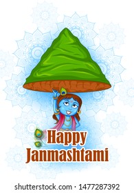 Kanha lifting mountain on Krishna Janmashtami festival background of India in vector