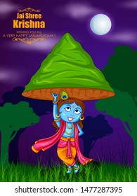 Kanha lifting mountain on Krishna Janmashtami festival background of India in vector