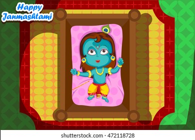 Kanha in palna (cradle) Krishna Janmashtami background in vector