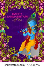 Kanha playing bansuri (flute) on Krishna Janmashtami background in vector