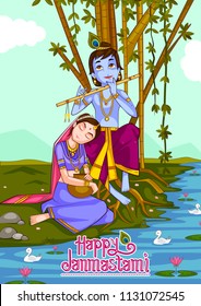 Kanha playing bansuri (flute) with Radha on Krishna Janmashtami background in vector