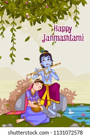 Kanha playing bansuri (flute) with Radha on Krishna Janmashtami background in vector