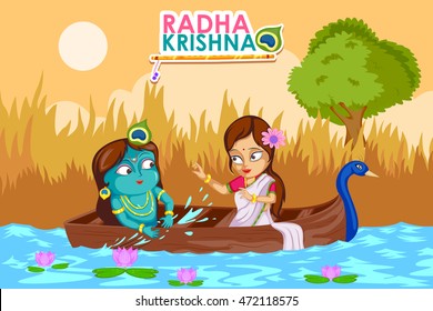 Kanha playing with Radha on Krishna Janmashtami background in vector