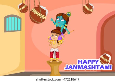 Kanha stealing makhan (cream) with Balrama on Krishna Janmashtami background in vector
