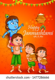 Kanha stealing makhan (cream) with Sudama and Balrama on Krishna Janmashtami background in vector