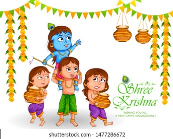 Kanha stealing makhan (cream) with Sudama and Balrama on Krishna Janmashtami background in vector