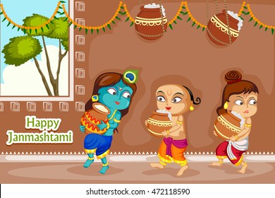 Kanha stealing makhan (cream) with Sudama and Balrama on Krishna Janmashtami background in vector