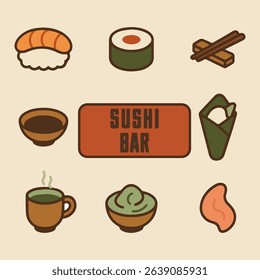 Kanji – "Sushi Restaurant", A set of stylized sushi icons on a beige background featuring nigiri, maki roll, soy sauce dish, hand roll, tea cup, wasabi bowl and pickled ginger.