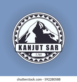 Kanjut sar, mountain symbol, abstract patch, with name, and height in meters, vector illustration