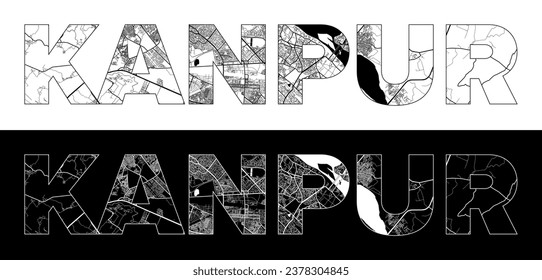 Kanpur City Name (India, Asia) with black white city map illustration vector