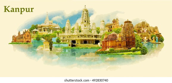 KANPUR city water color vector panoramic illustration