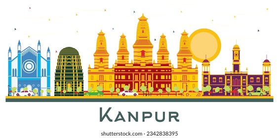 Kanpur India City Skyline with Color Buildings isolated on white. Vector Illustration. Business Travel and Tourism Concept with Historic Architecture. Kanpur Cityscape with Landmarks.