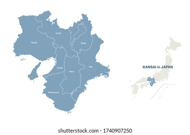 kansai map. japan regions map series. vector map of japan provinces.