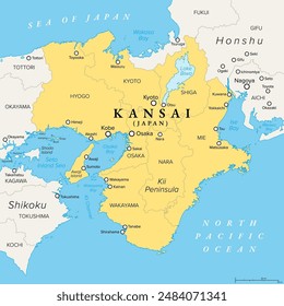 Kansai region, or the Kinki region in Japan, political map. Southern-central region of the main island Honshu, consisting of the prefectures Hyogo, Mie, Nara, Osaka, Kyoto, Shiga, and Wakayama. Vector