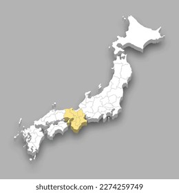 Ubicación de la región de Kansai en el mapa isométrico 3d de Japón