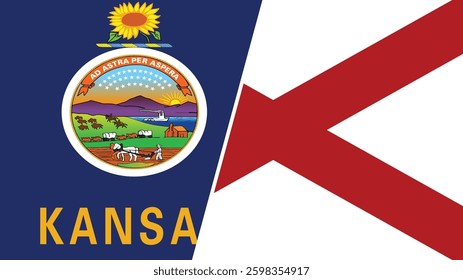 Kansas and Alabama states grunge brush flags connection, vector