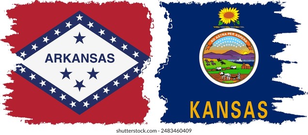 Kansas and Arkansas states grunge brush flags connection, vector