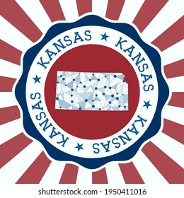 Kansas Badge. Round logo of US state with triangular mesh map and radial rays. EPS10 Vector.