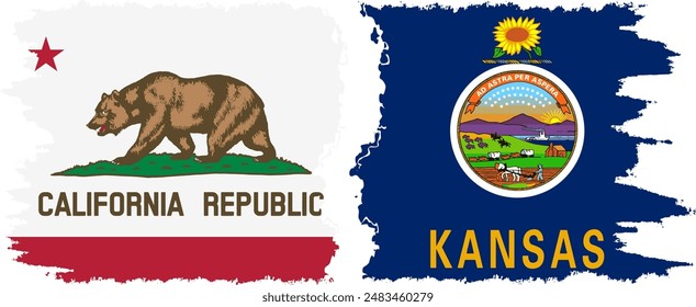 Kansas and California states grunge brush flags connection, vector
