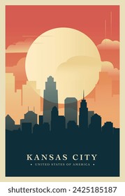 Kansas city brutalism poster with abstract skyline, cityscape. USA Missouri state retro vector illustration. US travel front cover, brochure, flyer, leaflet, presentation template, layout image