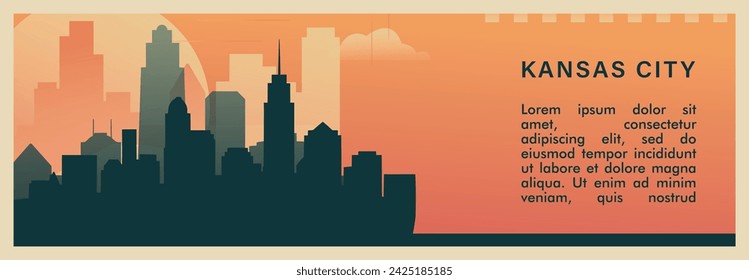 Kansas city brutalism vector banner with skyline, cityscape. USA Missouri state retro horizontal illustration. United States of America travel layout for web presentation, header, footer