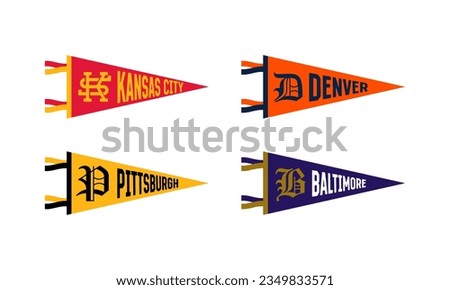 Kansas City, Denver, Pittsburgh, Baltimore Football Pennant Flags Set. Vector Football pendant Icons. University USA Sport flag, isolated