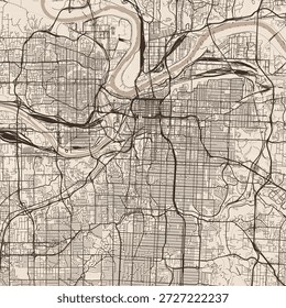 Kansas City City Map erkunden Sie die raffinierte Linienführung urbaner Architektur, in der strukturierte Gitter und subtile monochrome Ästhetik wunderschön in diesem sepiafarbenen minimalistischen Entwurf verschmelzen.