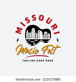 Kansas City Missouri Apartment Building Skyline with Guitar Instrument for Music Fest Festival Fiesta Logo Design