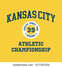 Kansas City, Missouri design for t-shirt. Athletic tee shirt print. Typography graphics for sportswear and apparel. Vector illustration.