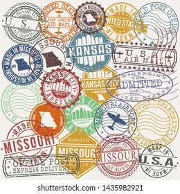 Kansas City Missouri . Set of Stamps. Travel Stamp. Made In Product. Design Seals Old Style Insignia.