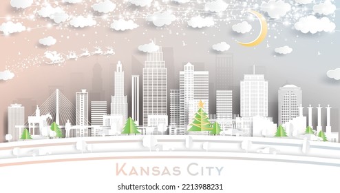 Kansas City Missouri Skyline in Paper Cut Style with Snowflakes, Moon and Neon Garland. Vector. Christmas and New Year Concept. Santa Claus on Sleigh. Kansas City Cityscape with Landmarks.