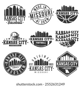 Kansas City, MO, USA Sport Bundle Vector Art. City Skyline School Team Emblem.