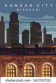 Kansas City modern vector poster. Missouri, landscape illustration. 