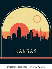 Afiche estilo retro de Kansas City con horizonte, paisaje urbano. ILUSTRACIÓN VECTORIAL vintage del estado de Missouri. Cubierta frontal de EE. UU., folleto, folleto, Plantilla de folleto, Imagen de diseño