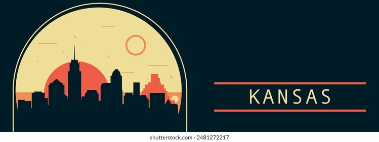 Anuncio de Vector de estilo retro de Kansas City con horizonte, paisaje urbano. Ilustración Horizontal vintage del estado de Missouri. Diseño de viajes de los Estados Unidos de América para presentación de Web, encabezado, pie de página