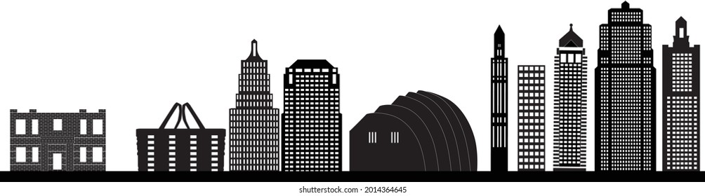 the kansas city skyline in america with high buildings modern and old in black and white illustration