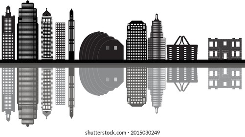 the kansas city skyline in america with high buildings modern and old in black and white illustration